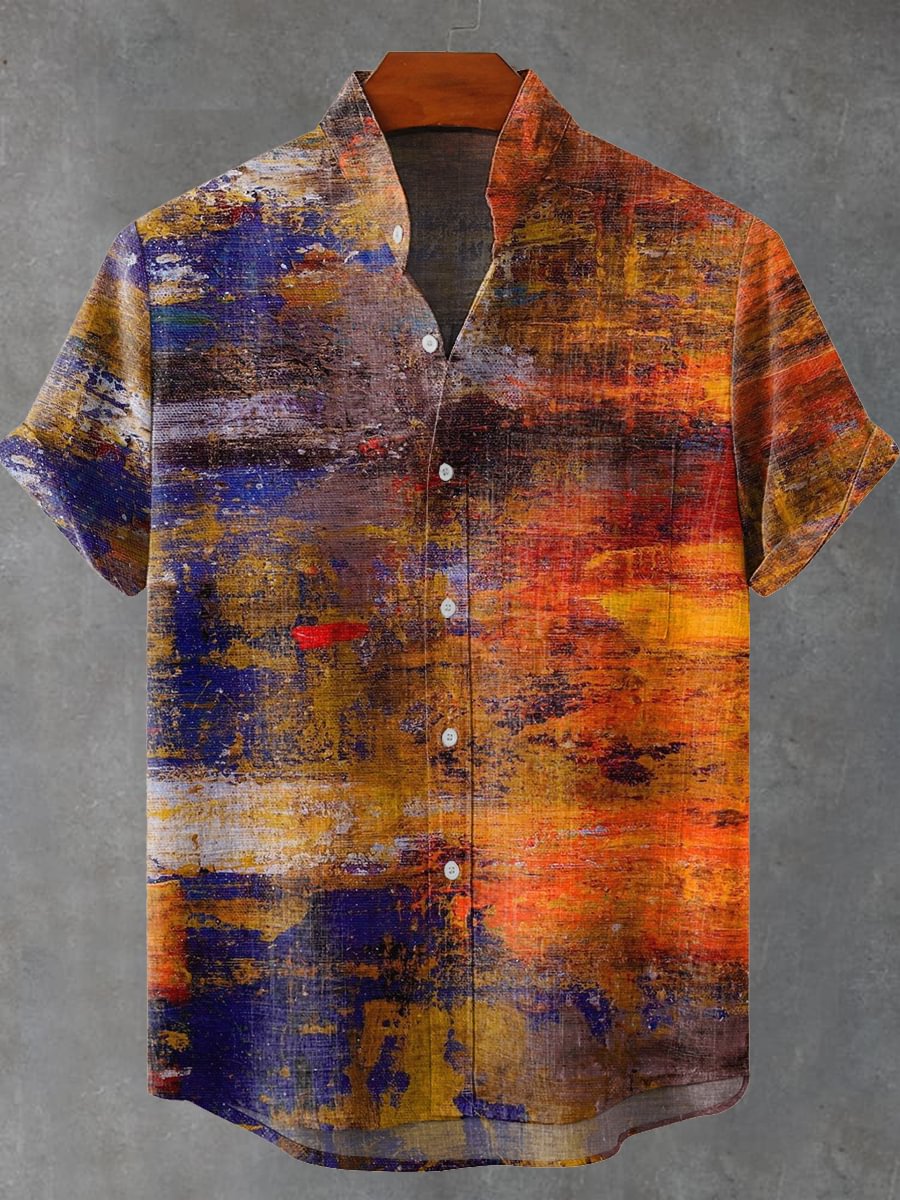 Vintage Collectible Shop - Vintage Fish Pattern Men's Art เสื้อแขนสั้นผ้าลินิน
