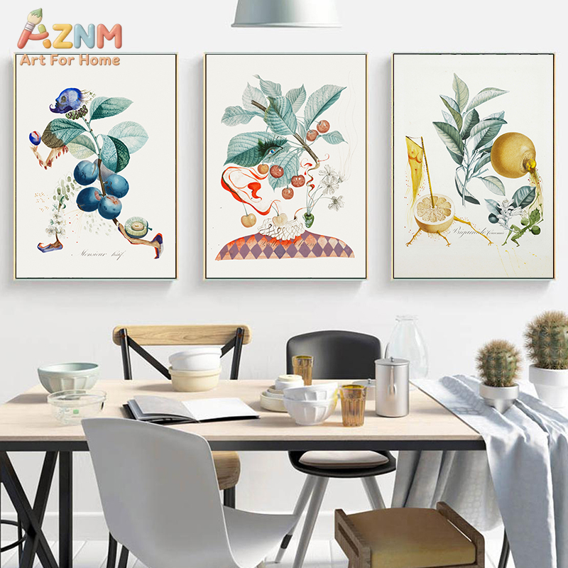 Vintage Toy Collector - AZNM ภาพวาดผลไม้สไตล์เรียลลิสติกบนผืนผ้าใบ, ภาพวาดสีน้ำวินเทจลายเลมอน เชอร์รี่ บลูเบอร์รี่ ภาพวาดศิลปะนามธรรม,