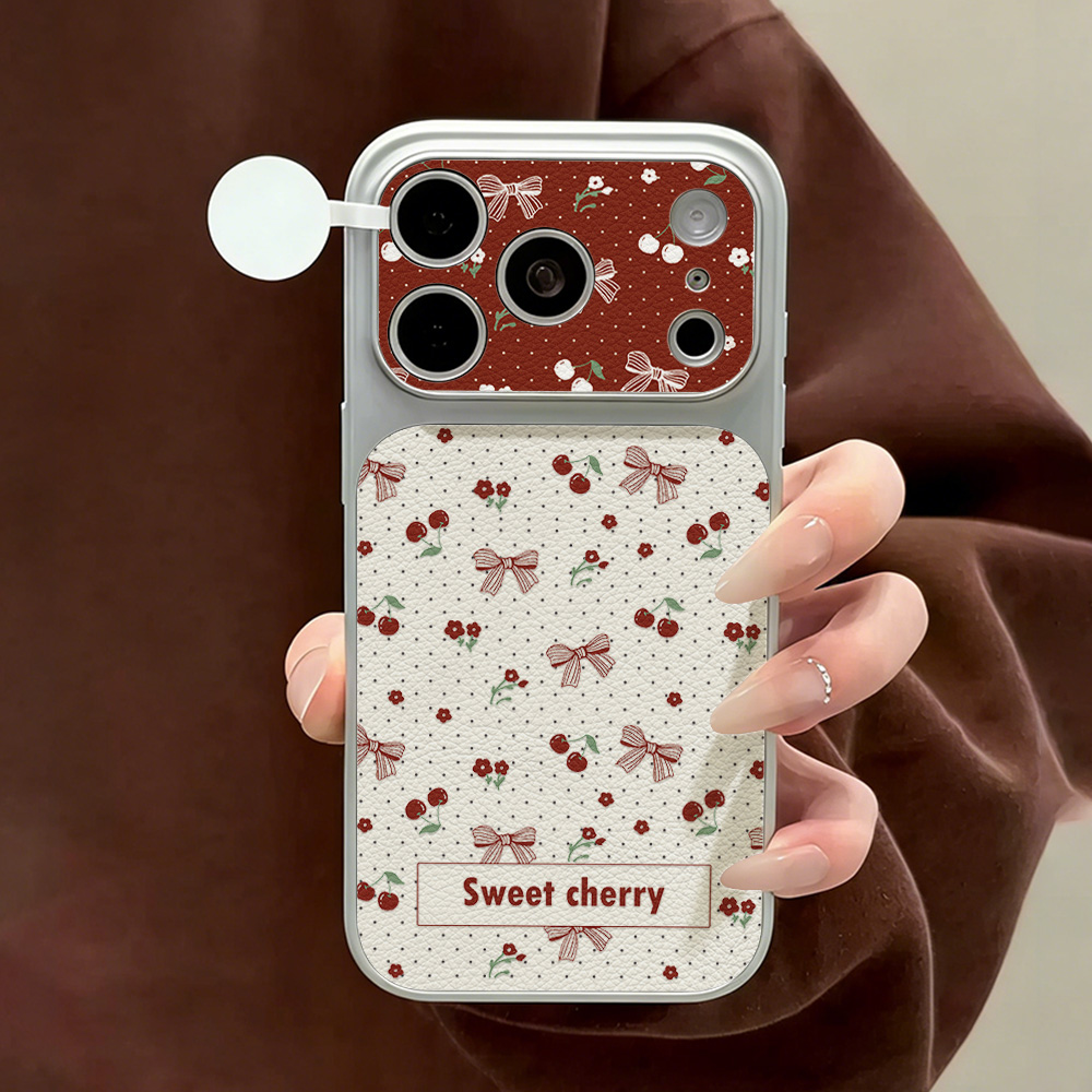 Camera Leather Case - เคสโทรศัพท์หนังลายโบว์เชอร์รี่หวาน สำหรับ iPhone 12 14 17