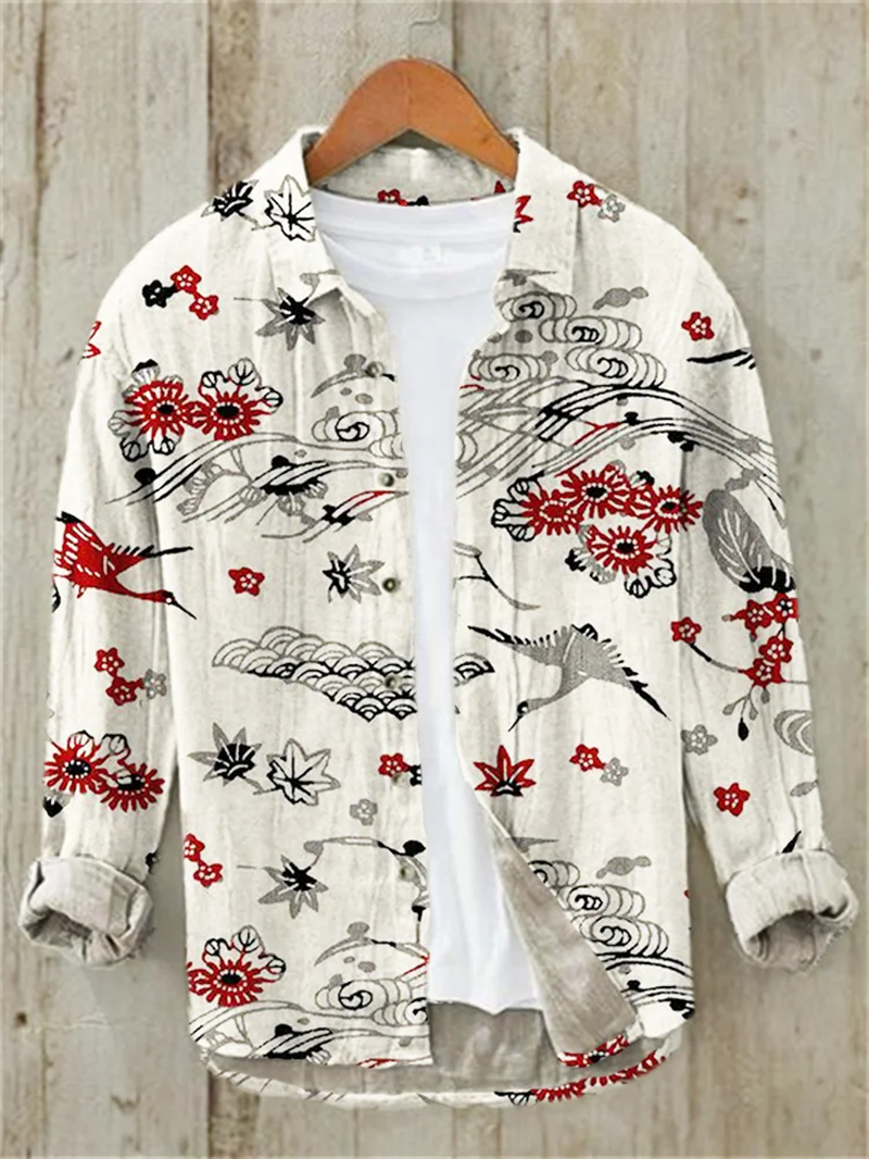 Vintage Collectible Shop - เสื้อเชิ้ตผู้ชายลายปลา ผ้าลินิน แขนยาว สไตล์ลำลอง หลวม ระบายอากาศดี